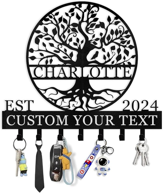 Personalized Key Holder Wall Mount - Custom Name Tree of Life Key Holder for Wall, Metal Key Rack Coat Rack for Front Door, Living Room, Kitchen, Housewarming Wedding Gift