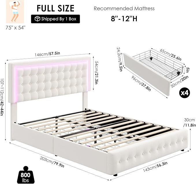 HIFIT Upholstered Full Size LED Bed Frame with Charging Station and 4 Large Storage Drawer, Velvet Button Tufted Full Platform Bed with Adjustable Headboard, No Box Spring Needed, Easy Assembly, Beige