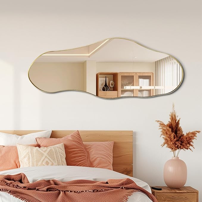 Large Asymmetrical Mirrors, 55"x22" Irregular Shaped Mirror, Gold Metal Frame Abstract Wall Mirror Decorative, Modern Funky Mirrors for Living Room Bathroom Bedroom Hallway Entryway Fireplace