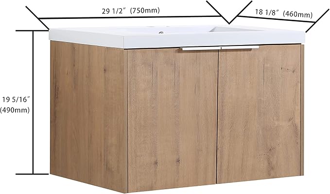 Goujxcy 30" Wall Mounted Vanity With Sink, Modern Floating Cabinet With White Resin Wash Basin & Storage, Soft-Close Door Plywood Hanging Bathroom Cabinet (Imitative Oak)