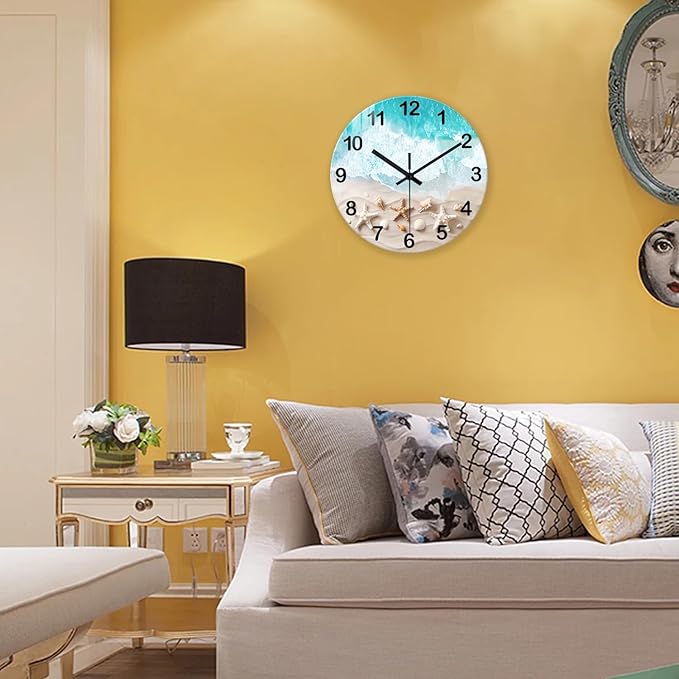 XNM Office Clock Wall Glass Blue Decorative Wall Clocks Battery Operated 16 Inches or Larger Starfish Quiet Wall Clock Modern