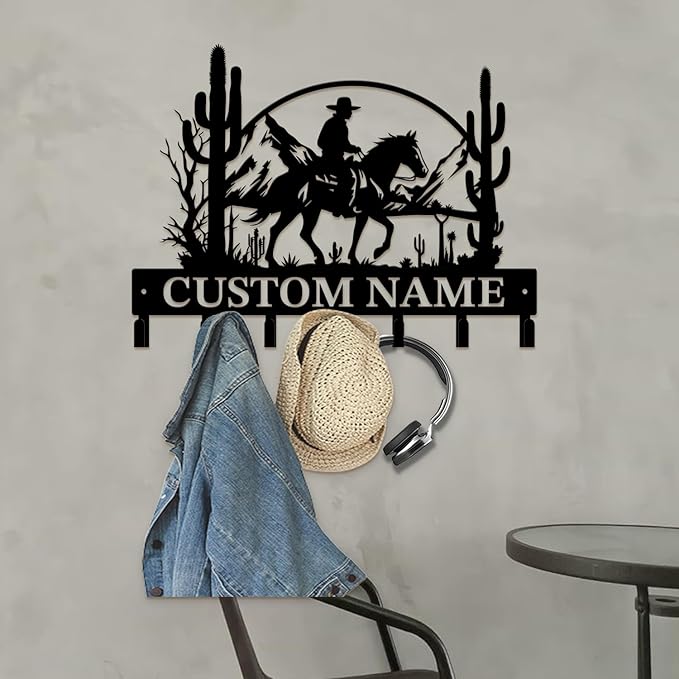 Custom Western Cowboy Metal Iron Key Hooks,Personalized Name & Text Engraving,Decor Wall Keys Holder for Home Entryway (Style B)