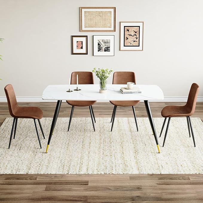 White Dining Table Set for 4, 62'' Dining Table Set for 4, Sintered Stone Dining Room Sets for 4, Easy to Assemble