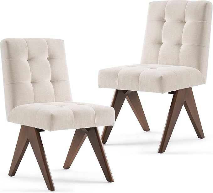 Rowill Modern Upholstered Dining Chairs Parsons Chair Linen Fabric Kitchen Chairs Tufted Armless Dining Room Chairs with Wood Legs Set of 2, Beige