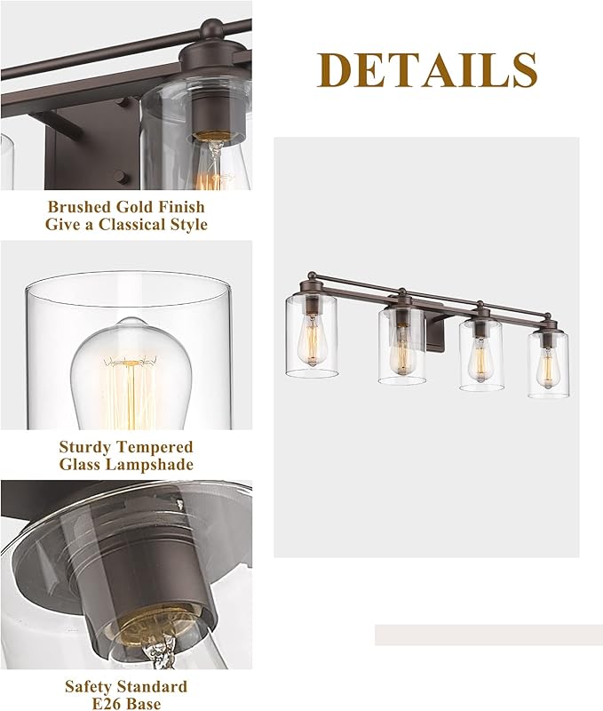 4-Light Bathroom Light Fixtures, HWH Farmhouse Vanity Wall Sconce in Oil-Rubbed Bronze Finish with Clear Glass Shade, 5HLT63B-4W ORB