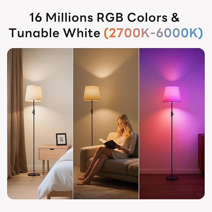 Smart Floor Lamp with RGBCW Color Change Bulb, Compatible with Alexa, Siri, Google Voice & App Control, Standing Lamp with Linen Shade, Tall Lamp for Living Room, Bedroom, Office,Black