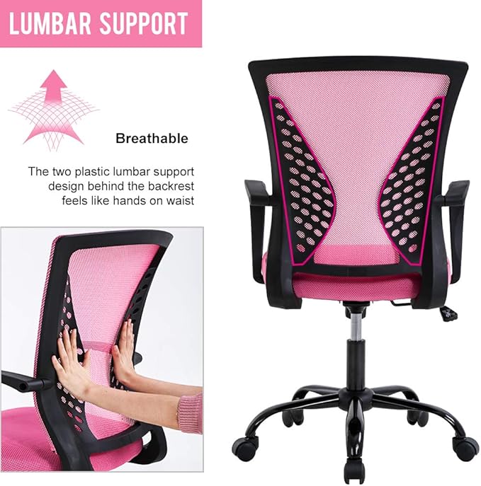 Office Chair Desk Chair Computer Chair with Lumbar Support Armrest Mid Back Rolling Swivel Task Adjustable Mesh Ergonomic Chair for Women Adults, Pink
