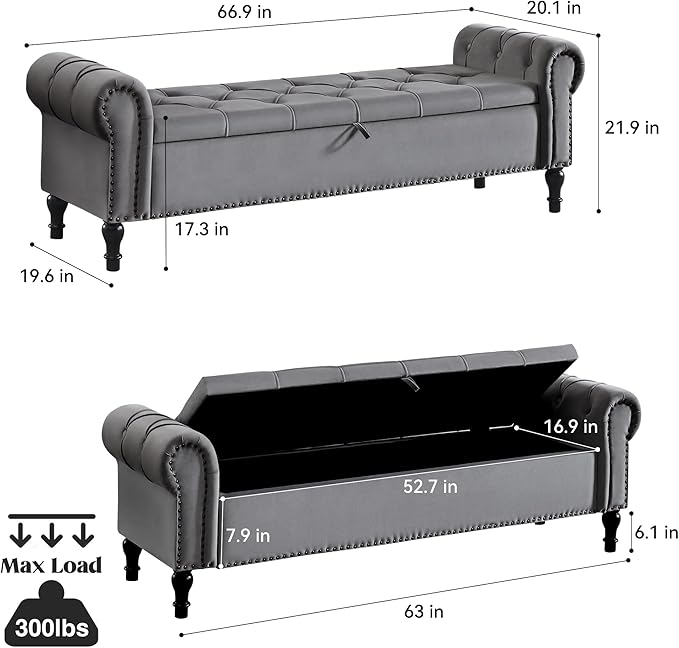 Velvet Storage Bench 67 Inch Upholstered Tufted Ottoman Bench with Rolled Arms Large Storage Space King Size End of Bed Bench for Bedroom Living Room Entryway Dark Grey