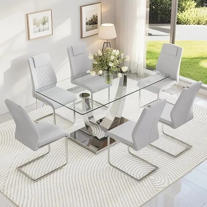 AZmac 63” Glass Dining Room Table Set for 6, Modern Kitchen Table and Chairs Set of 6, Dining Sets with Rectangular Tempered Glass and Sturdy Silver Chrome Base, for Kitchen Home