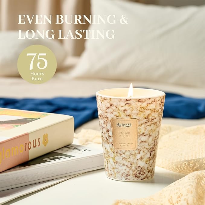 M&SENSE Lemon Vanilla Scented Soy Candle, 3 Wick Highly Scented 14.1 Oz 80H, Aromatherapy Christmas Gift for Women and Men