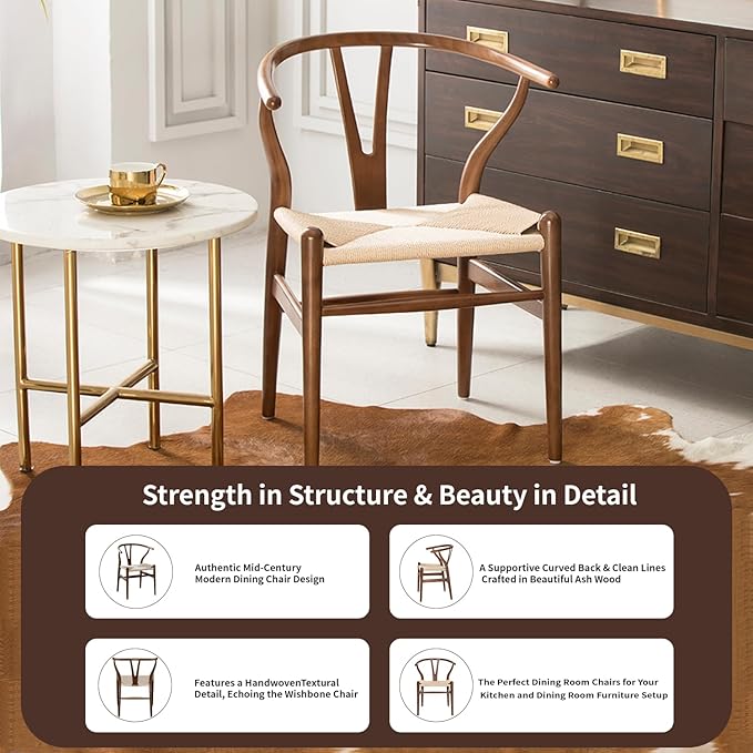 Tomile Wishbone Chair Y Chair, Wooden Dining Chairs, Mid Century Modern Chairs with Arms, Solid Wood Weave Seat Kitchen & Dining Room Chairs (Ash Wood - Walnut Color)