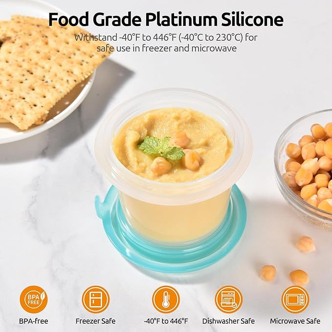 U-Taste 4oz×2 Silicone Food Container Set: Small Kitchen Storage with Airtight Lid, Freezer & Microwave Safe, Snack Box with Date Marking Circle, Clear Stackable for Yogurt, Hummus, Garnish-Aqua Sky