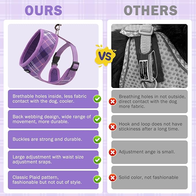 SCENEREAL No Pull Dog Harness Collar and Leash Set Small Medium Sized Dog, Soft Mesh Step in Puppy Harnesses, No Chock Plaid Adjustible Pet Vest for Outdoor Walking Training and Running, Purple S