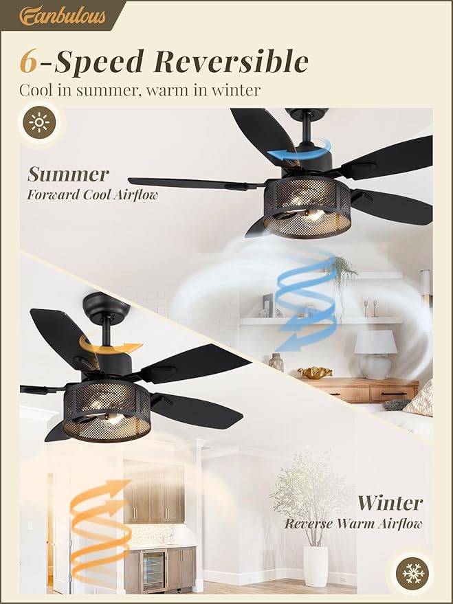 Farmhouse Ceiling Fans with Lights and Remote, 42 Inch Industrial Black Caged Ceiling Fans for Living Room Bedroom Kitchen, 6 Speed Reversible Quiet DC Motor, Dual Finish 5 Blades