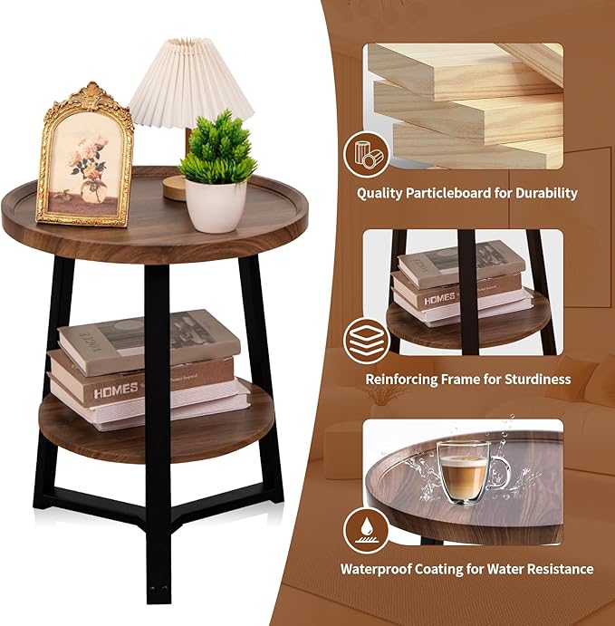 Side Table, 2-Tier Round End Table for Living Room, Small Nightstand Wooden Bedside Tables with Storage Shelf, 19.5-Inch Circle Accent Table for Bedroom, Office, Apartment (Walnut)