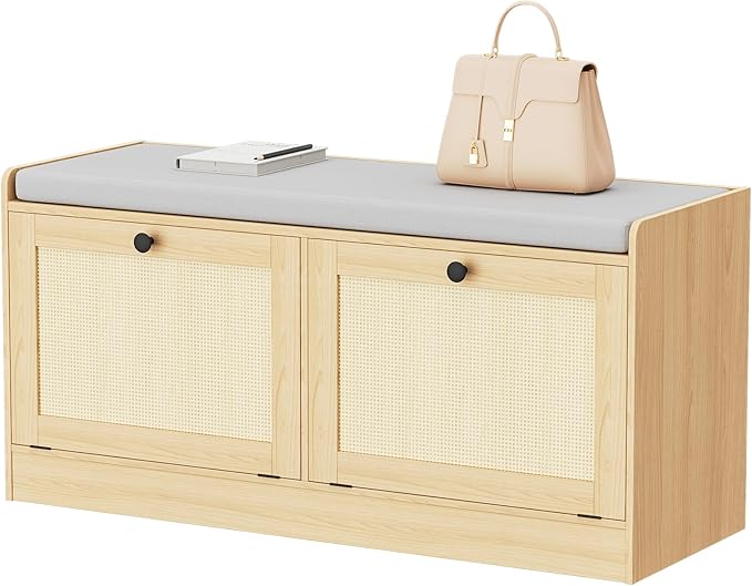 MHOM Rattan Shoe Bench for Entryway, Hallway and Bedroom - Boho Bench with Storage Cabinets and Seat Cushion - Wooden Storage Bench Fits up to Size 16 - Natural Oak