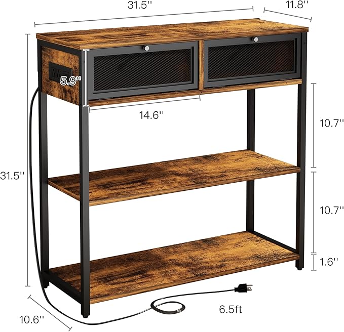 SOOWERY Console Table with Charging Station, 32'' Entryway Table with Doors, Sofa Table Narrow Long with 3 Tiers Open Wood Storage Shelves, for Living Room, Entryway, Foyer, Rustic Brown