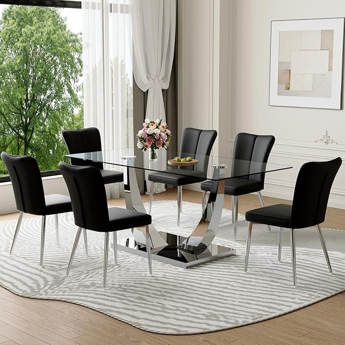 71'' Glass Dining Room Table Set for 6, Kitchen Table Set with 6 PU Leather Chairs, Tempered Glass Dining Table Set with Silver U-Shaped Table Legs and Rectangular Base