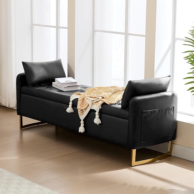 65" Leather Storage Bench, End of Bed Storage Bench King Size for Foot of Bed with Tufted Button and Gold Legs, Upholstered Faux Window Ottoman Benches with Armrests for Living Room, Black