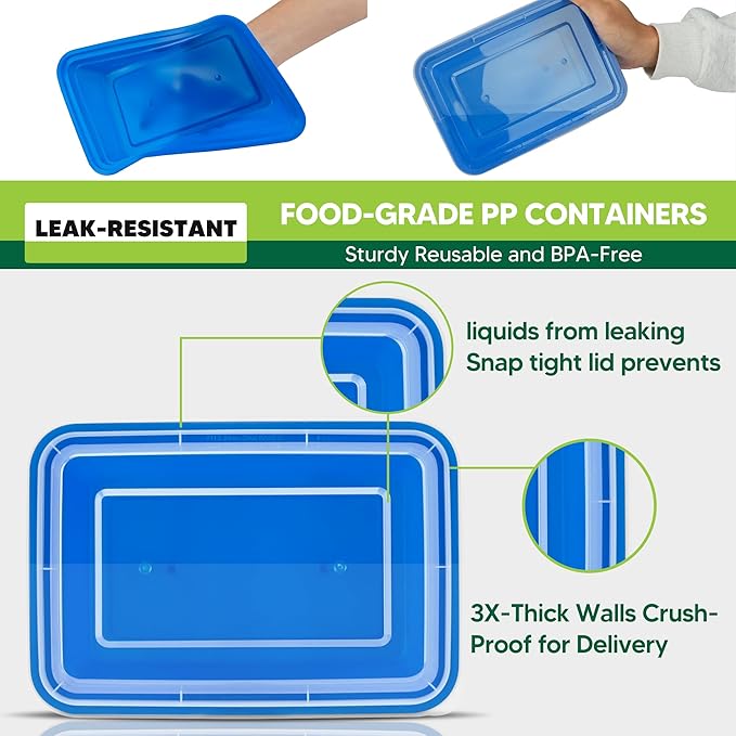 50 Pack Meal Prep Containers with Lids 38oz - BPA-Free, Reusable, Leakproof Food Storage Containers - Microwave/Dishwasher/Freezer Safe, To Go Take Out Plastic Food Storage Pans(Blue)