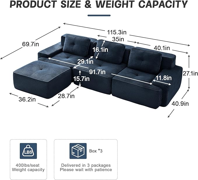 115" Modern Corduroy Cloud Sofa with Ottoman, L Shaped Boneless Modular Large Sectional Couches for Living Room, Blue 3 Seater Compressed Memory Foam Couch, Extra Deep Seat, No Assembly