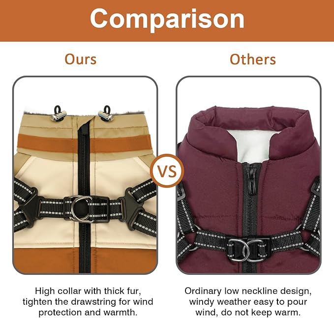 Winter Dog Coat - Waterproof, Windproof Turtleneck Fleece Vest with Harness, Reflective Snow Jacket for Small to Large Dogs, Orange XL