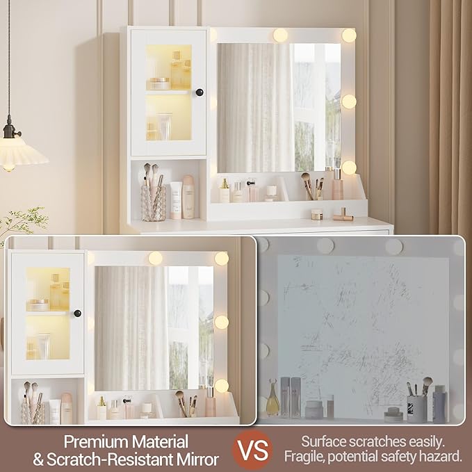 Vanity Desk with Mirror and Lights, Makeup Dressing Table w/Adjustable Bulbs, Outlets & USB Ports, Sturdy MDF Top & Metal Leg, Smart Storage Drawers & Cabinets for Bedroom