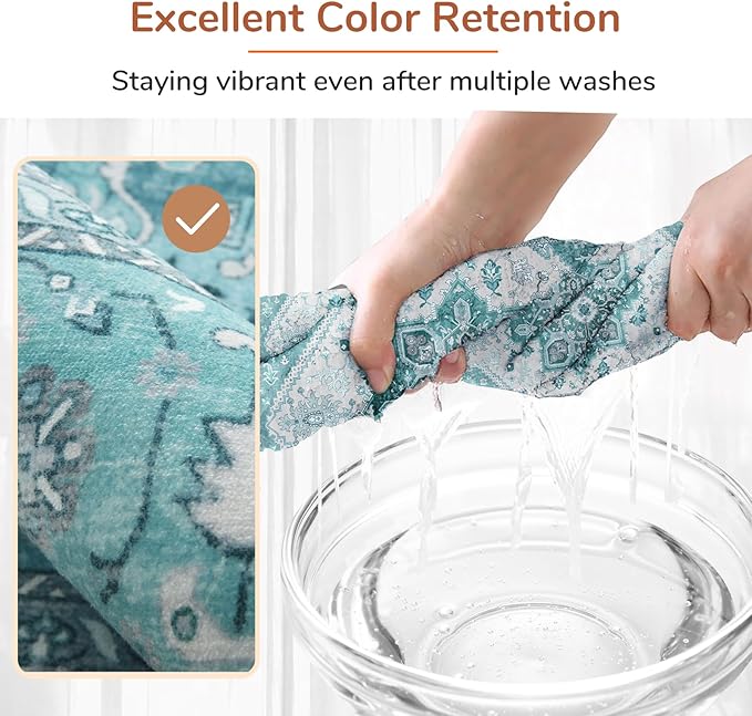 OPPODREAM Thin Area Rugs 4x6, Low-Pile Washable Rugs 4x6 with Non Slip Backing, Faux Cashmere 4 x 6 Throw Carpet, Teal & Turquoise & Cream