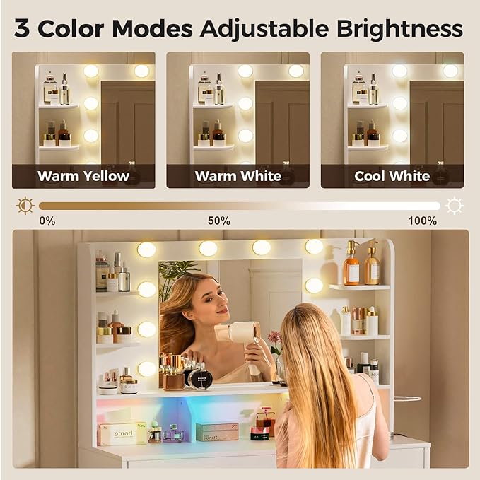 COMHOMA Vanity Desk with Lighted Mirror and Power Outlet, RGB LED Lights Makeup Vanity Set for Girls, Large Storage Capacity Dressing Table for Bedroom, 3 Lighting Modes Adjustable Brightness, White