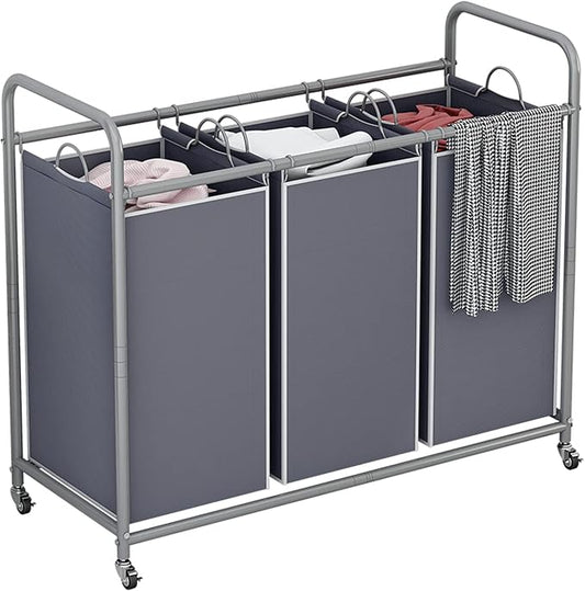 LINZINAR 3-Bag Laundry Sorter,Laundry Hamper Cart with Heavy Duty Rolling Lockable Wheels and Removable Bags (Grey)