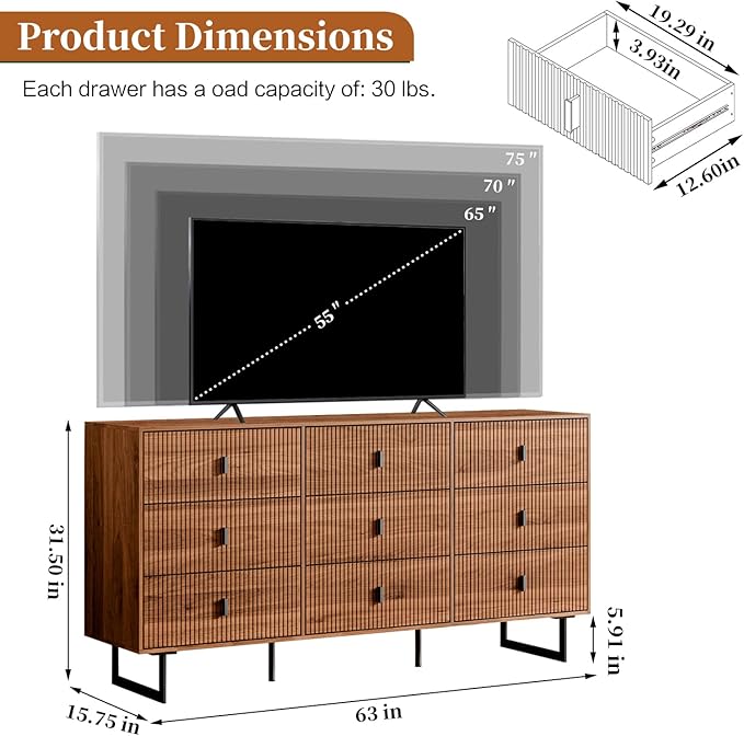 Modern Chest of Drawers with 9 Drawers,Deep Drawers,Clothes Organizer,Large Storage Cabinet for Living Room, Bedroom,Hallway,with Anti-Tipping Device, Walnut.