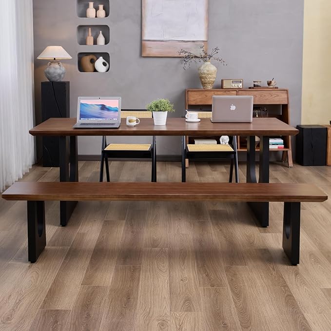 Walnut Color Long Bench Solid Wood Top Metal Legs U-Shaped Design Durable Sturdy Dining Bench Ideal for Office Home Restaurant Patio Multiple (Bench, 55.12in)