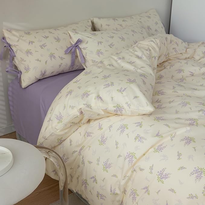 Purple Duvet Cover Set Twin XL 3 Pieces Lavender Flower Duvet Cover Girls Cottagecore Bedding Set 100% Cotton Vintage Floral Comforter Cover Cute Flower Botanical Duvet Cover with Zipper Closure