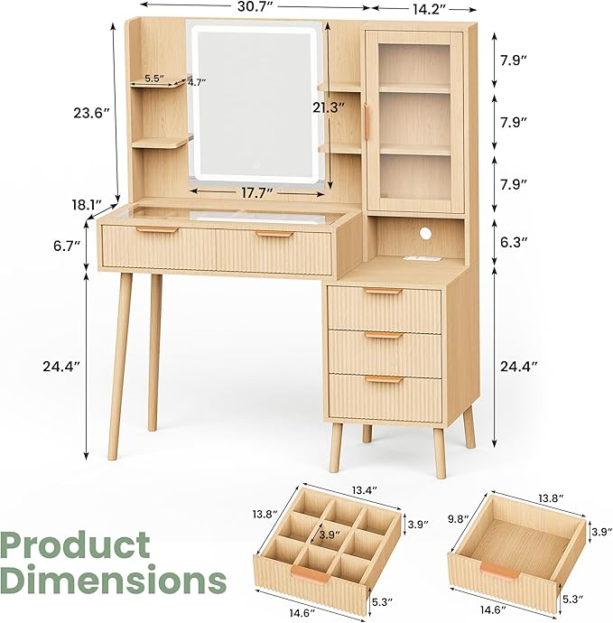 Fluted Vanity Desk with Mirror and Lights, 3 Color Clear Glass Door Dressing Table with Charging Station, 5 Drawers Glass Top Makeup Vanity with 9-Grid Organizer and 10 Storage, Light Oak