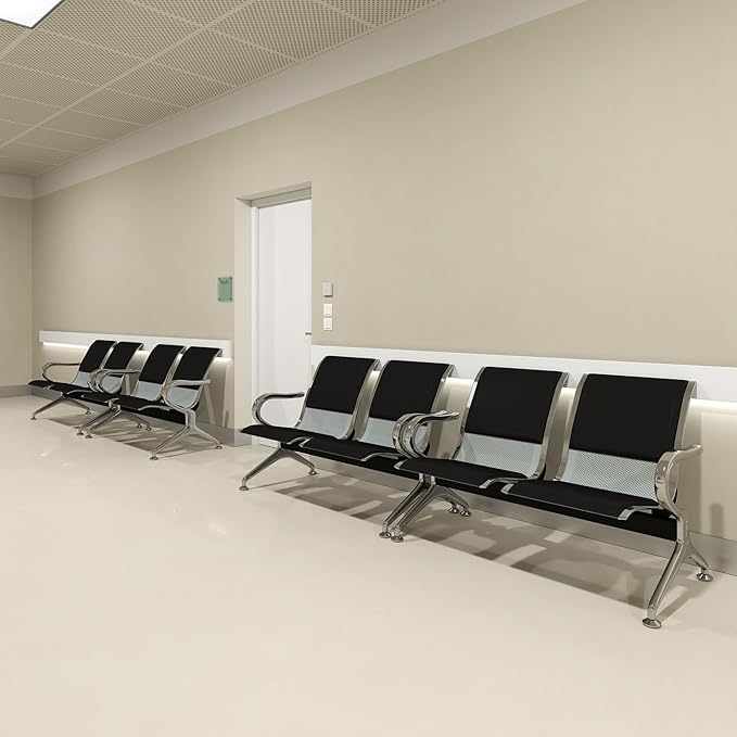 Kinfant Waiting Room Bench Set - 2-Seat PU Leather Waiting Room Chair Office Guest Reception Chair with Armrest, Airport, Hospital, Bank, Salon, Barbershop(Black, Set of 4)