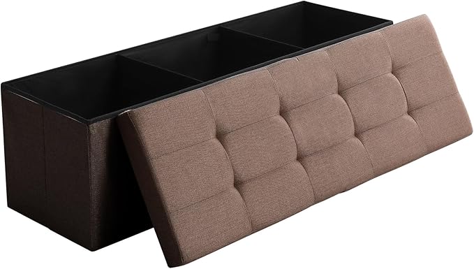 CUYOCA 45.3 Inches Storage Ottoman Bench Foldable Seat Footrest Shoe Bench End of Bed Storage with Flipping Lid, 166L Storage Space, Linen Fabric Brown