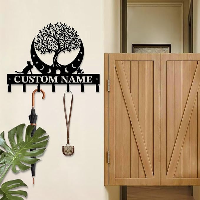 Life Tree Key Hook - Customized Metal Wall Organizer with Name Engraving, Black Iron Home Decor for Themed Collectors (Style C)