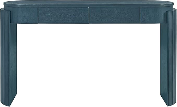 MTHOUSE 55.1" Entryway Narrow Console Table with Drawers, Oval Top & Fluted Legs, Natural Wood Grain Sofa Table for Hallway, Foyer, Behind Couch, Accent Table for Living Room, Solid Wood + MDF (Navy)