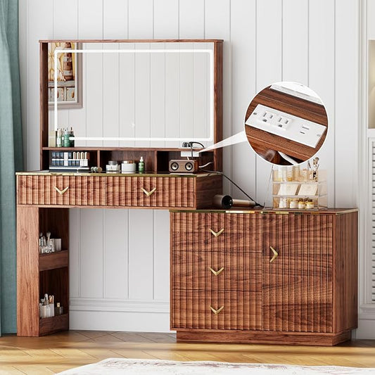 57“Makeup Vanity Desk with Mirror and Lights, Vanity Desk with 5 Drawers & Storage Shelves, Vanity Table with Power Outlet, 3 Color Modes & Adjustable Brightness Dressing Table, Bedroom,Brown