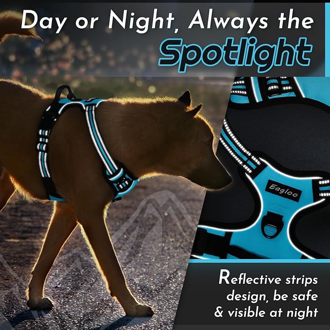 Eagloo Dog Harness Medium Sized Dog, No Pull Service Vest with Reflective Strips and Control Handle, Adjustable and Comfortable for Easy Walking, No Choke Pet Harness with 2 Metal Rings, Sky Blue, M