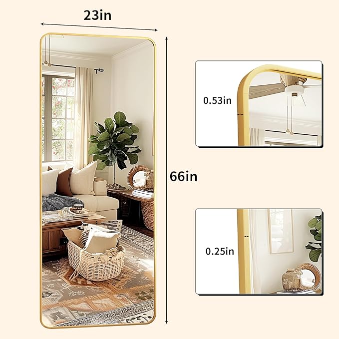 Full Length Mirror 23"x66", Large Floor Mirror with Rectangle Rounded Corners, Gold Aluminum Alloy Frame, Wall Mirror for Full Body