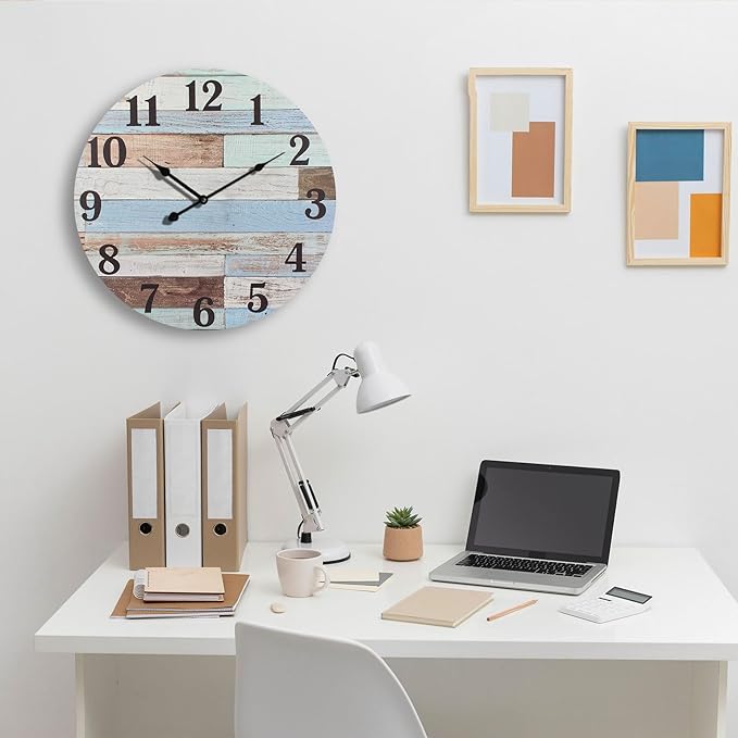 24 Inch Blue Woodgrain Shiplap Wall Clocks for Living Room Decor, Large Farmhouse Wall Clock,Coastal Beach Nautical Style,House Warming Gifts New Home