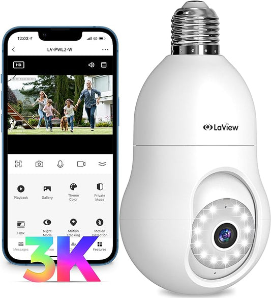 LaView 5MP QHD Bulb Security Camera 2.4GHz, 360° 3K Security Cameras Wireless Outdoor Indoor Full Color Day and Night, AI Motion Detection, Audible Alarm, Easy Installation, Compatible with Alexa