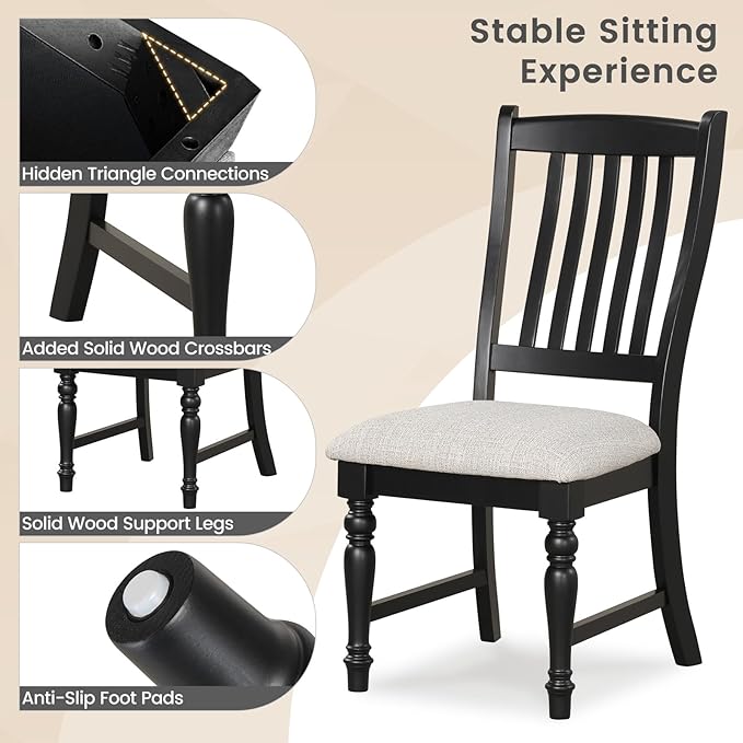 Giantex Wood Dining Chairs Set of 2, Farmhouse Black Kitchen Chair with Solid Wood Frame, Max Load 355 Lbs, Armless Upholstered Dining Side Chairs with Cushion Seat, Slat Back Dining Room Chairs