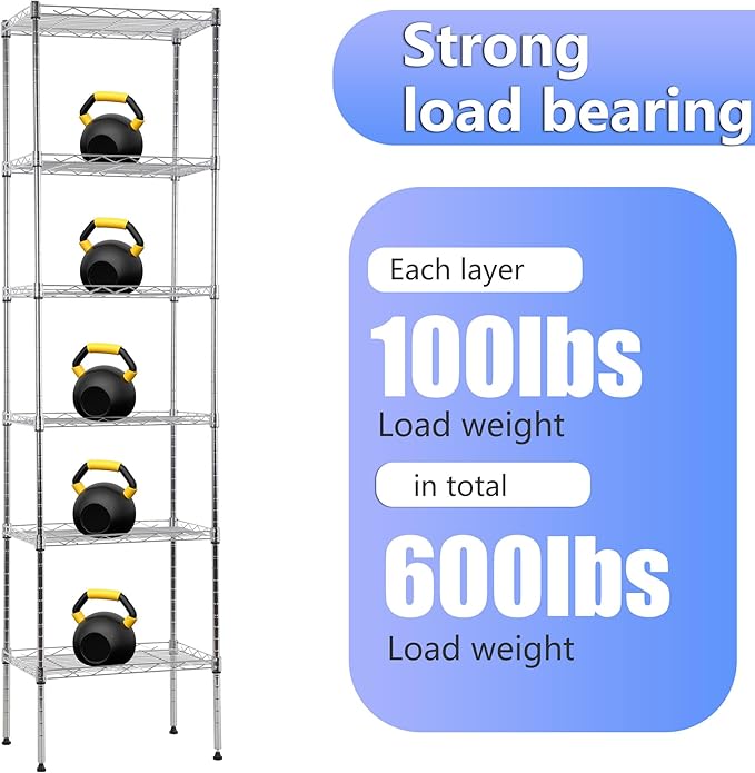 BestOffice | 6-Tier Wire Storage Shelves | 17x12x64 | Chrome | with Adjustable Racks | Heavy-Duty Metal Shelf, Holds Upto 600 lbs | No-Tool Assembly | Ideal for Home & Garage Shelving