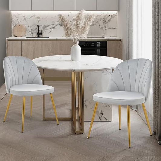 Velvet Dining Chairs Set of 2, Upholstered Mid Century Modern Dining Chairs, Armless Accent Chair with Metal Gold Legs for Living Room, Kitchen, Dining Room, Grey