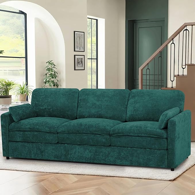 89” Chenille Sofa w/Arm Pillows, Upholstered 3-Seater Sofa w/Comfortable Back Cushions, Modern 3 Seats Couch w/High-Density Foam for Living Room, Apartment, Office, Teal
