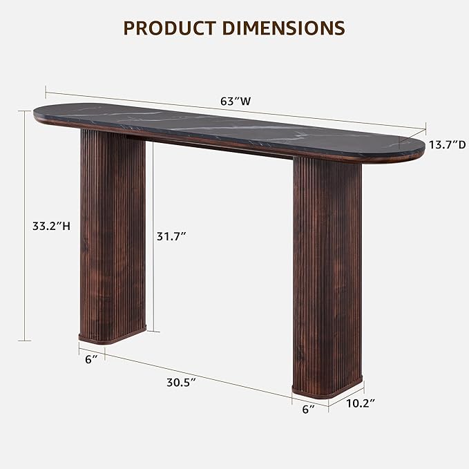 OKD 63 Inch Modern Console Table with Arc Marble Texture Top, Fluted Wood Base, Contemporary Entryway Sofa Table for Living Room, Hallway, Foyer, Dark Walnut