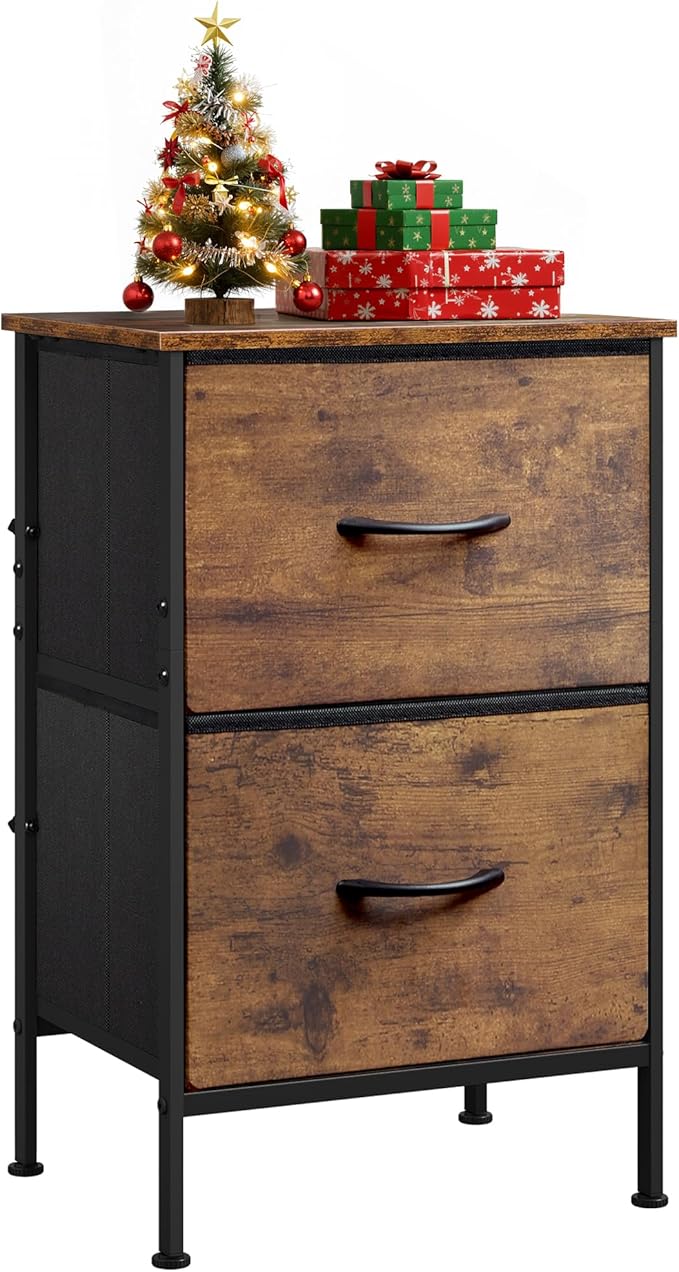 WLIVE Night Stand, Small Dresser with 2 Drawers & Wooden Top, Nightstand with Fabric Bins, Bedside Table End Table for Bedroom, Closet, Entryway, College Dorm, Rustic Brown