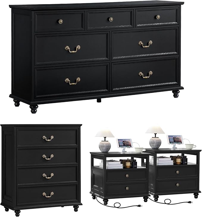24" Wide Farmhouse Nightstand with Charging Station Set of 2,54" 7 Drawers Dresser, 37" Tall Rustic Chests of Drawers, Farmhouse Furniture Series for Bedroom,Black